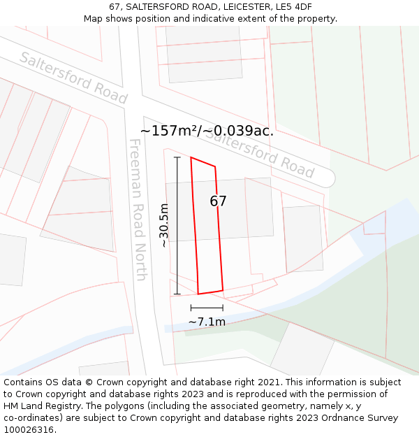 67, SALTERSFORD ROAD, LEICESTER, LE5 4DF: Plot and title map