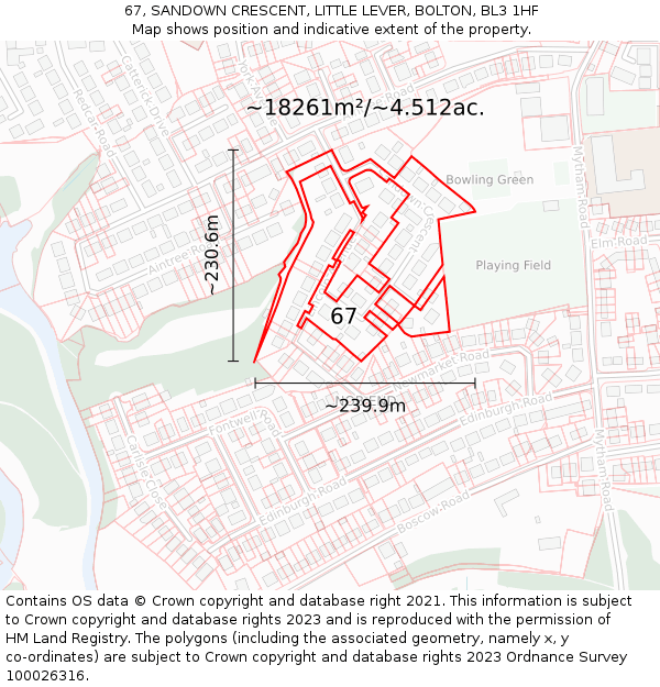 67, SANDOWN CRESCENT, LITTLE LEVER, BOLTON, BL3 1HF: Plot and title map