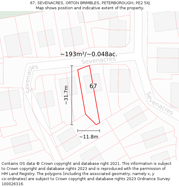 67, SEVENACRES, ORTON BRIMBLES, PETERBOROUGH, PE2 5XJ: Plot and title map