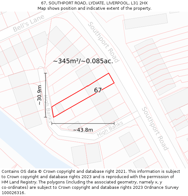 67, SOUTHPORT ROAD, LYDIATE, LIVERPOOL, L31 2HX: Plot and title map