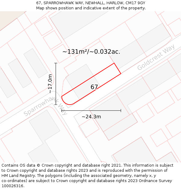 67, SPARROWHAWK WAY, NEWHALL, HARLOW, CM17 9GY: Plot and title map