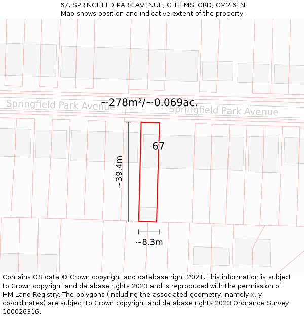 67, SPRINGFIELD PARK AVENUE, CHELMSFORD, CM2 6EN: Plot and title map