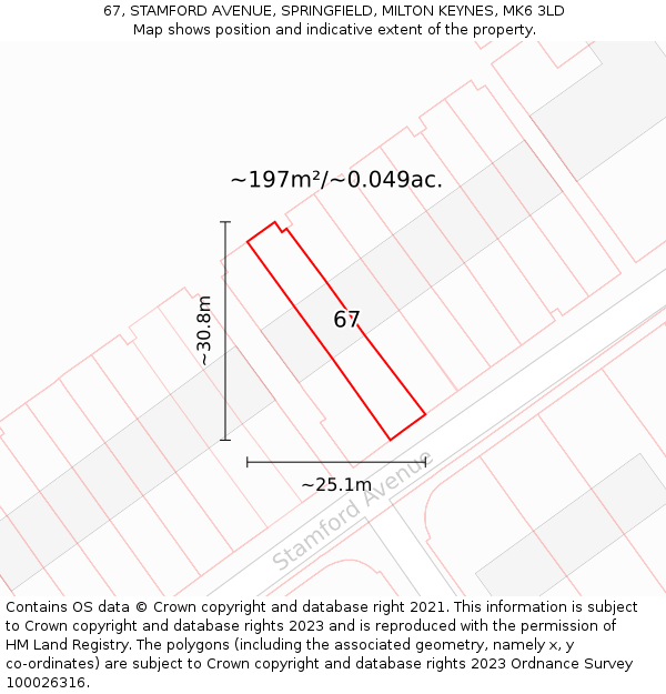 67, STAMFORD AVENUE, SPRINGFIELD, MILTON KEYNES, MK6 3LD: Plot and title map