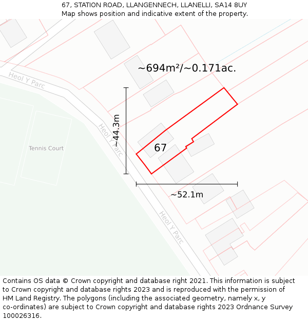 67, STATION ROAD, LLANGENNECH, LLANELLI, SA14 8UY: Plot and title map