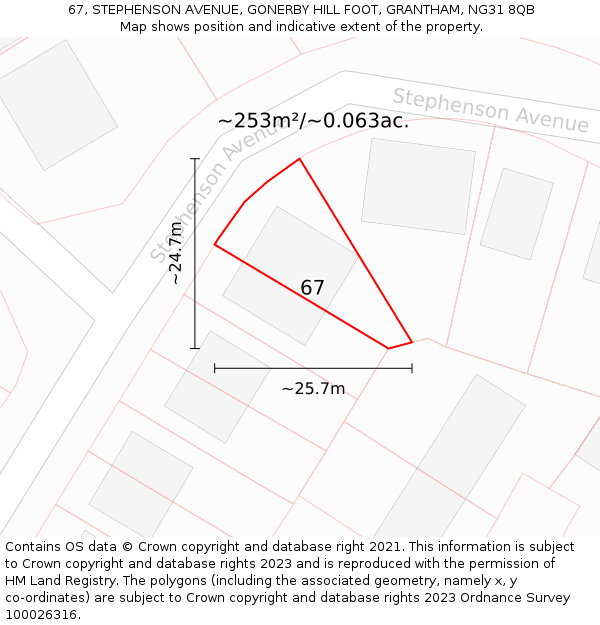 67, STEPHENSON AVENUE, GONERBY HILL FOOT, GRANTHAM, NG31 8QB: Plot and title map