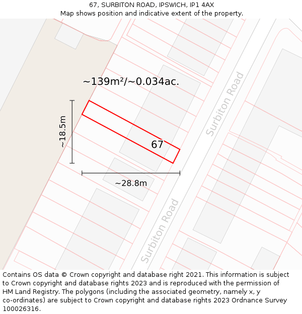 67, SURBITON ROAD, IPSWICH, IP1 4AX: Plot and title map