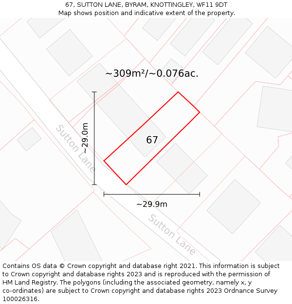 67, SUTTON LANE, BYRAM, KNOTTINGLEY, WF11 9DT: Plot and title map