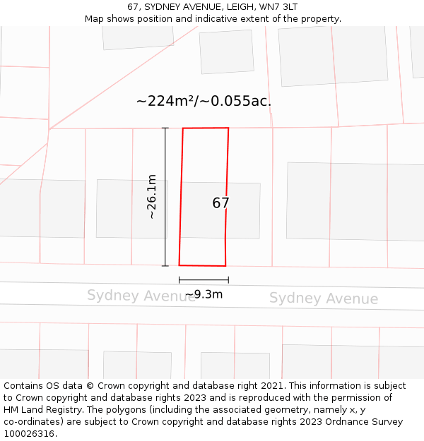 67, SYDNEY AVENUE, LEIGH, WN7 3LT: Plot and title map