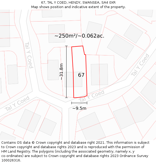 67, TAL Y COED, HENDY, SWANSEA, SA4 0XR: Plot and title map