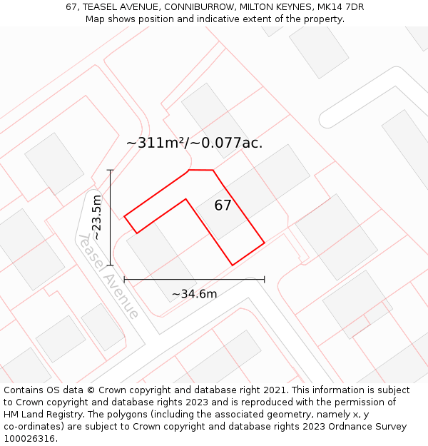 67, TEASEL AVENUE, CONNIBURROW, MILTON KEYNES, MK14 7DR: Plot and title map