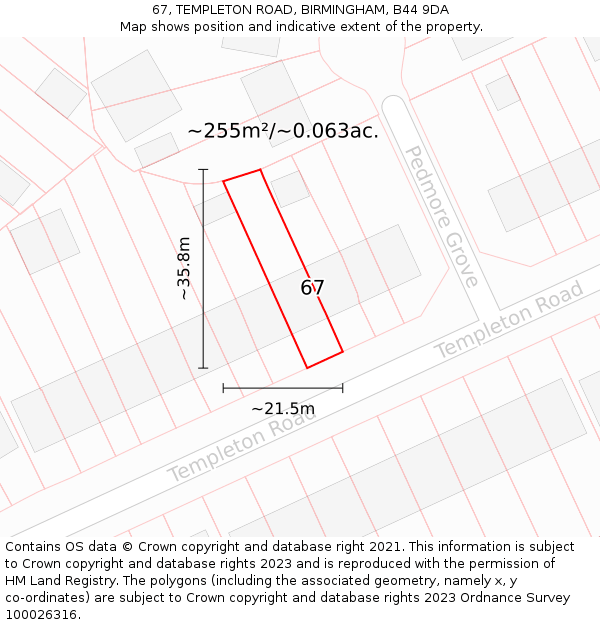 67, TEMPLETON ROAD, BIRMINGHAM, B44 9DA: Plot and title map