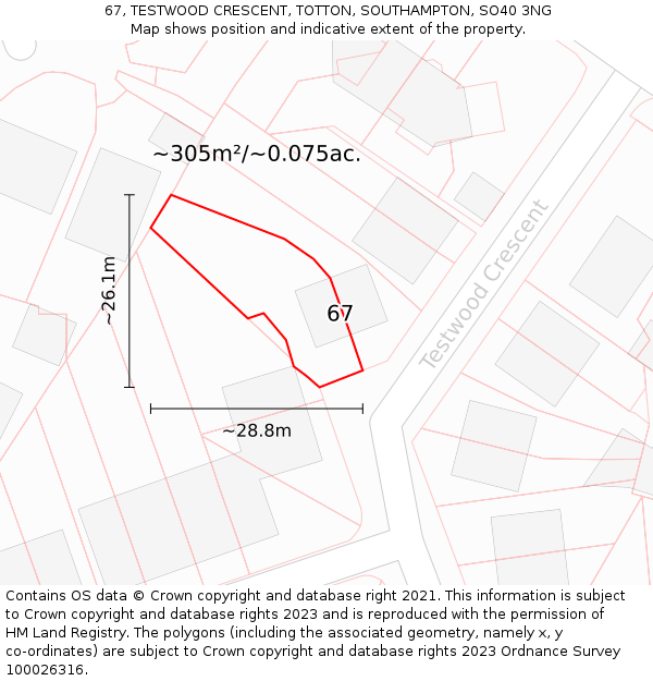 67, TESTWOOD CRESCENT, TOTTON, SOUTHAMPTON, SO40 3NG: Plot and title map