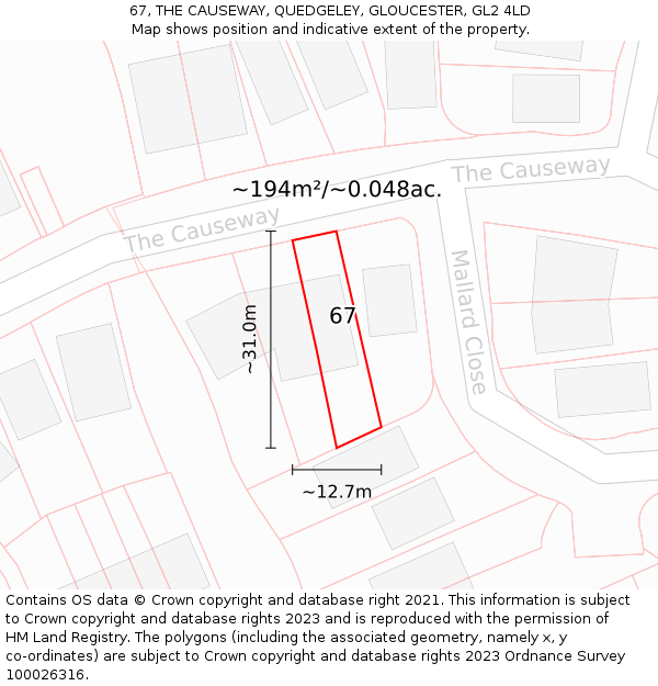 67, THE CAUSEWAY, QUEDGELEY, GLOUCESTER, GL2 4LD: Plot and title map