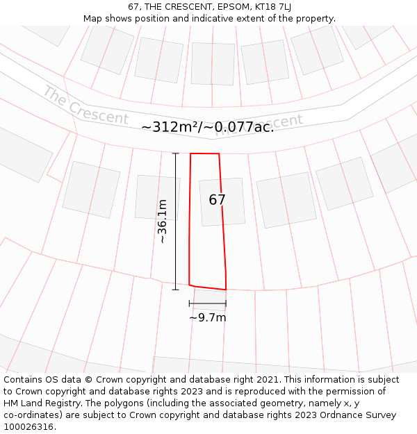 67, THE CRESCENT, EPSOM, KT18 7LJ: Plot and title map