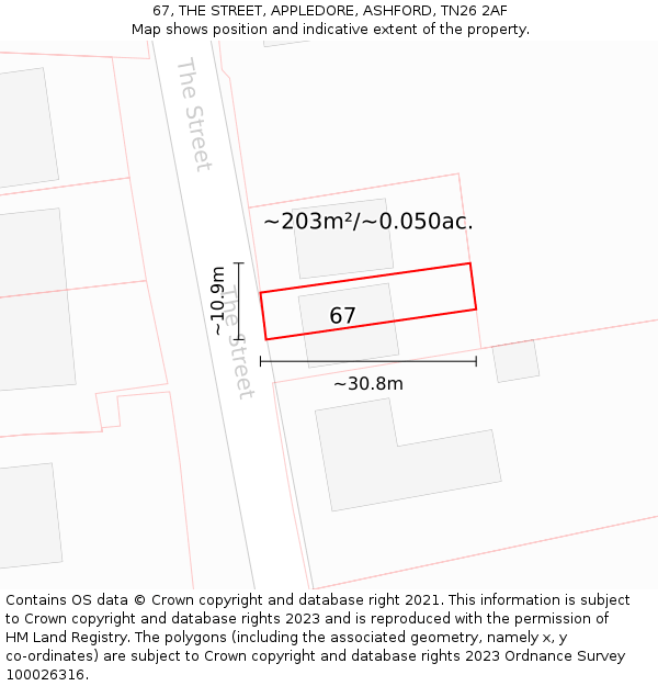 67, THE STREET, APPLEDORE, ASHFORD, TN26 2AF: Plot and title map