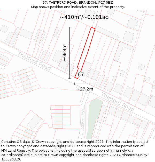 67, THETFORD ROAD, BRANDON, IP27 0BZ: Plot and title map