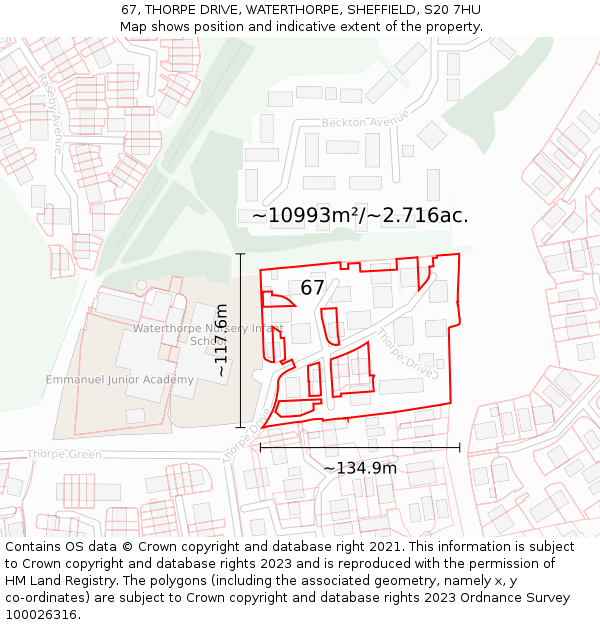 67, THORPE DRIVE, WATERTHORPE, SHEFFIELD, S20 7HU: Plot and title map