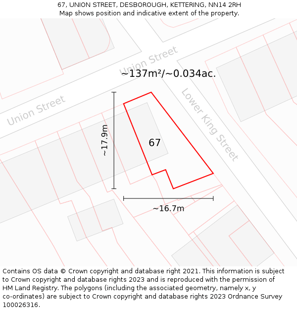 67, UNION STREET, DESBOROUGH, KETTERING, NN14 2RH: Plot and title map