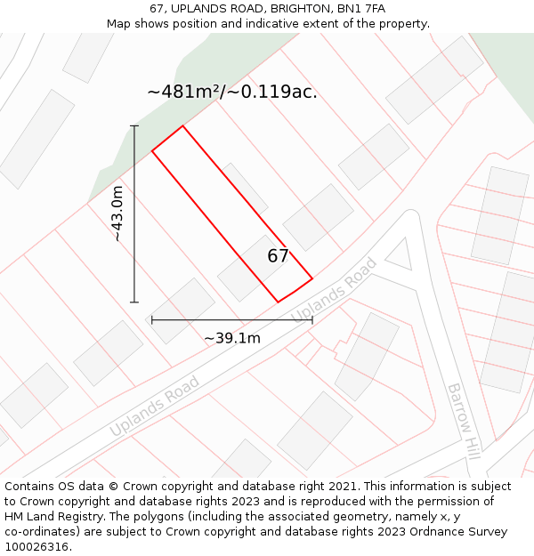 67, UPLANDS ROAD, BRIGHTON, BN1 7FA: Plot and title map