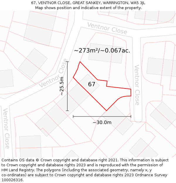 67, VENTNOR CLOSE, GREAT SANKEY, WARRINGTON, WA5 3JL: Plot and title map