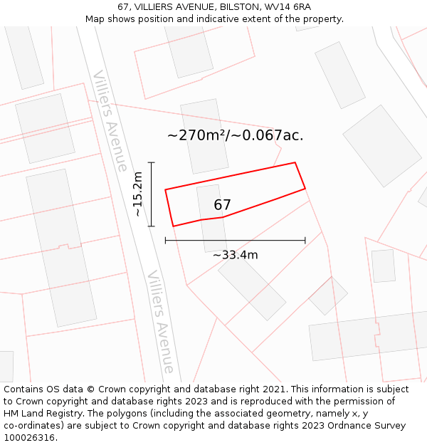 67, VILLIERS AVENUE, BILSTON, WV14 6RA: Plot and title map