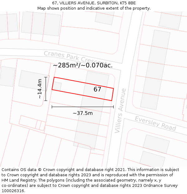 67, VILLIERS AVENUE, SURBITON, KT5 8BE: Plot and title map