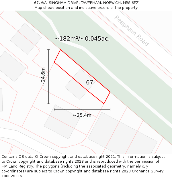 67, WALSINGHAM DRIVE, TAVERHAM, NORWICH, NR8 6FZ: Plot and title map