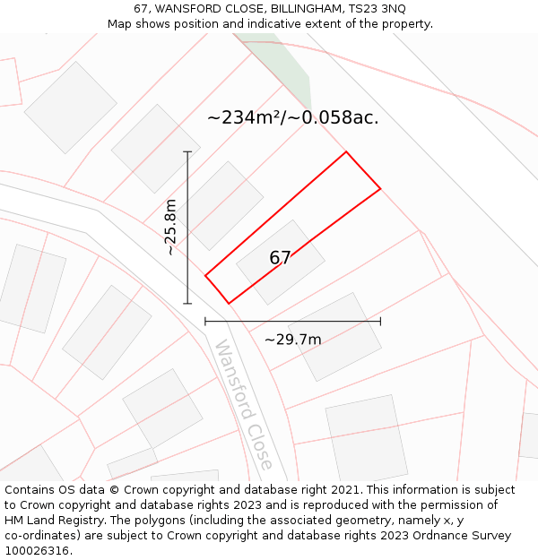 67, WANSFORD CLOSE, BILLINGHAM, TS23 3NQ: Plot and title map