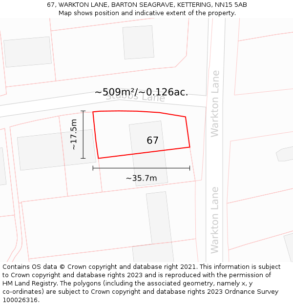 67, WARKTON LANE, BARTON SEAGRAVE, KETTERING, NN15 5AB: Plot and title map