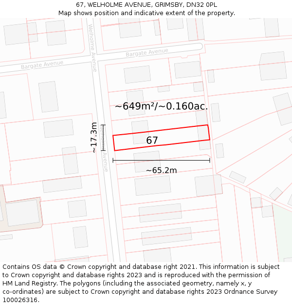 67, WELHOLME AVENUE, GRIMSBY, DN32 0PL: Plot and title map