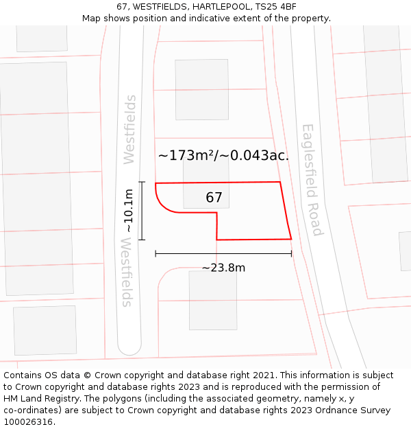 67, WESTFIELDS, HARTLEPOOL, TS25 4BF: Plot and title map