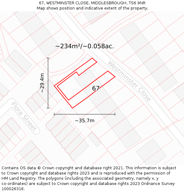 67, WESTMINSTER CLOSE, MIDDLESBROUGH, TS6 9NR: Plot and title map