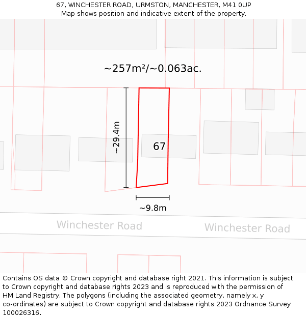 67, WINCHESTER ROAD, URMSTON, MANCHESTER, M41 0UP: Plot and title map