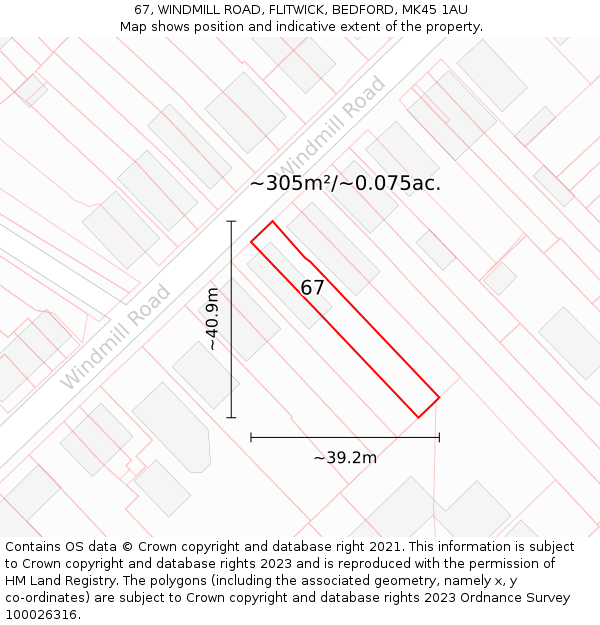 67, WINDMILL ROAD, FLITWICK, BEDFORD, MK45 1AU: Plot and title map