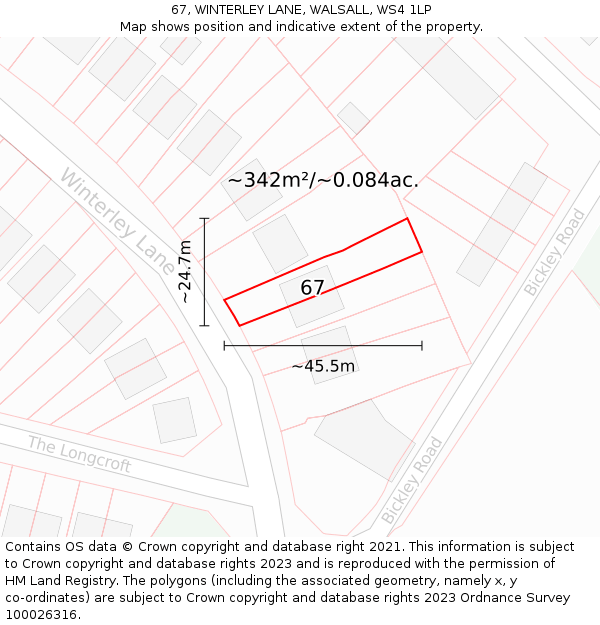 67, WINTERLEY LANE, WALSALL, WS4 1LP: Plot and title map