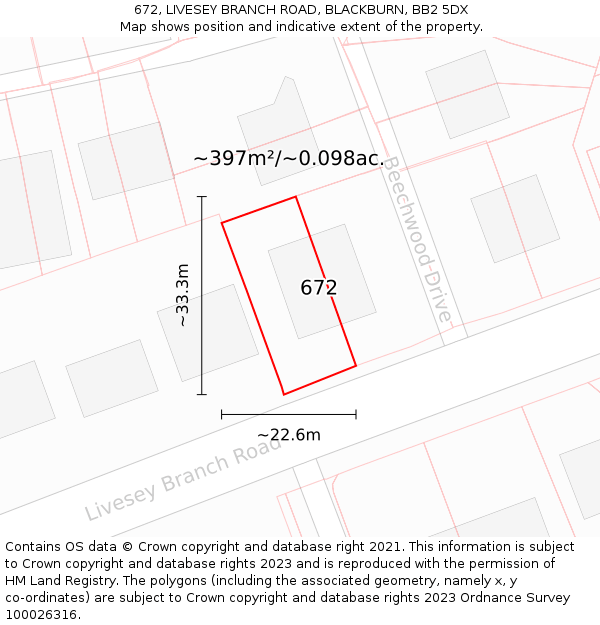 672, LIVESEY BRANCH ROAD, BLACKBURN, BB2 5DX: Plot and title map