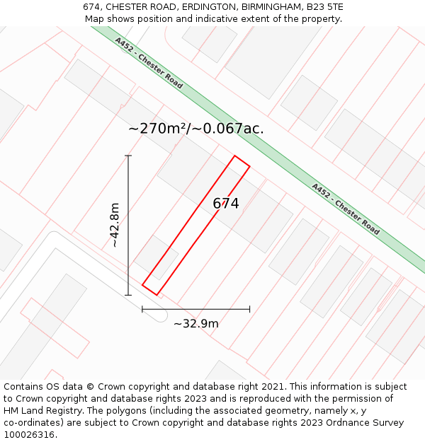 674, CHESTER ROAD, ERDINGTON, BIRMINGHAM, B23 5TE: Plot and title map