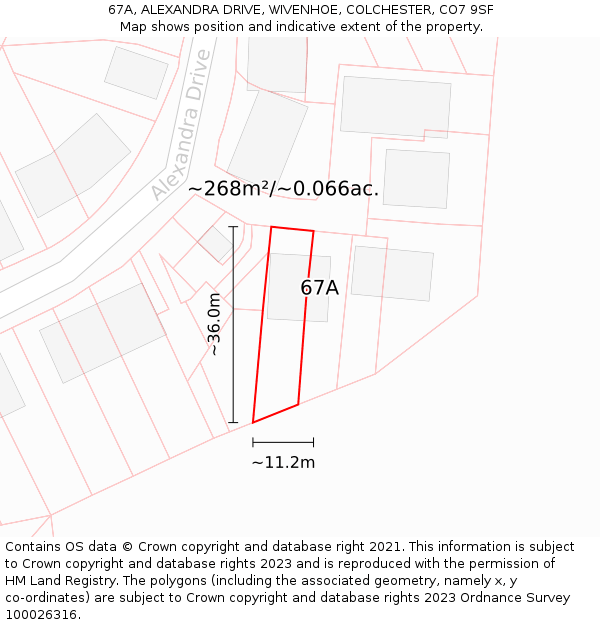 67A, ALEXANDRA DRIVE, WIVENHOE, COLCHESTER, CO7 9SF: Plot and title map