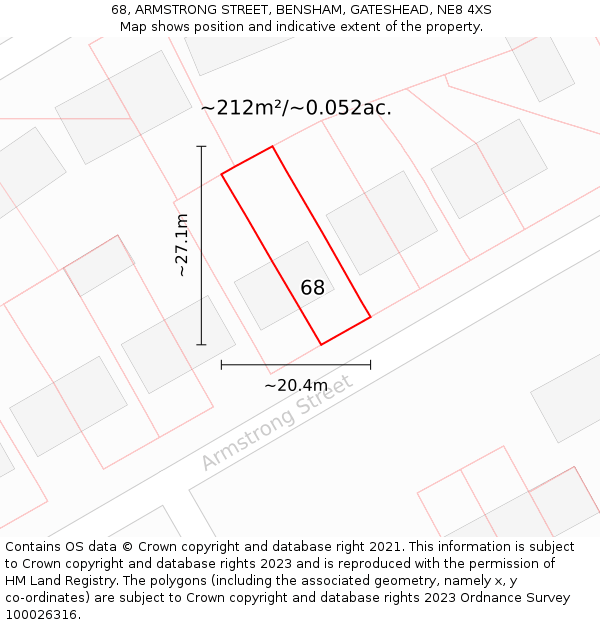 68, ARMSTRONG STREET, BENSHAM, GATESHEAD, NE8 4XS: Plot and title map