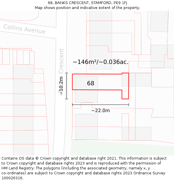 68, BANKS CRESCENT, STAMFORD, PE9 1FJ: Plot and title map