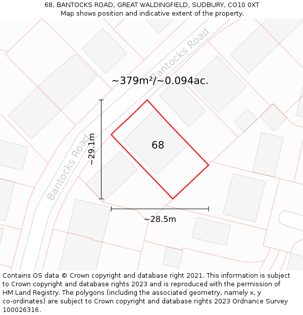 68, BANTOCKS ROAD, GREAT WALDINGFIELD, SUDBURY, CO10 0XT: Plot and title map