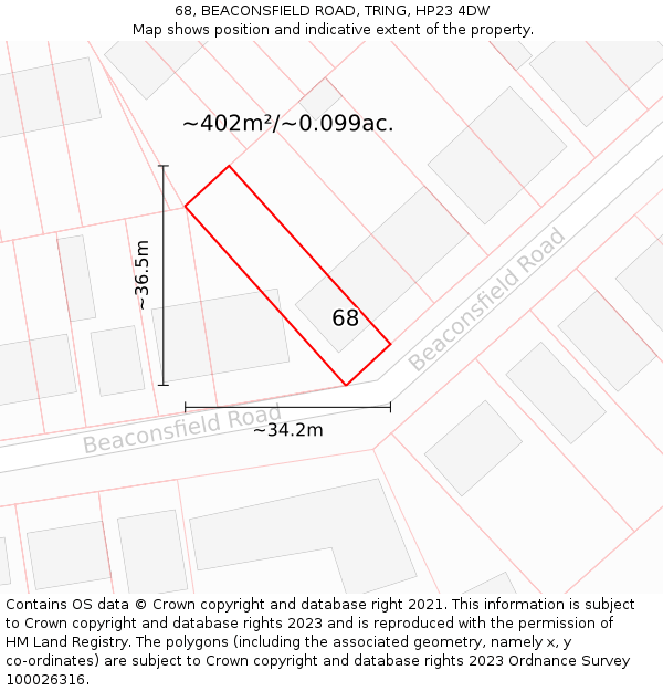 68, BEACONSFIELD ROAD, TRING, HP23 4DW: Plot and title map