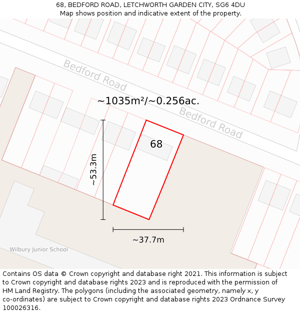 68, BEDFORD ROAD, LETCHWORTH GARDEN CITY, SG6 4DU: Plot and title map