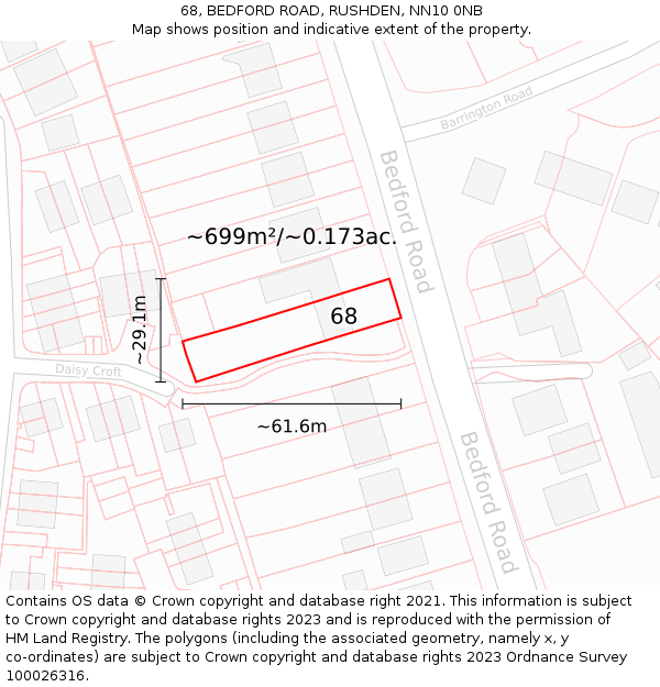 68, BEDFORD ROAD, RUSHDEN, NN10 0NB: Plot and title map