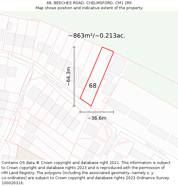 68, BEECHES ROAD, CHELMSFORD, CM1 2RX: Plot and title map