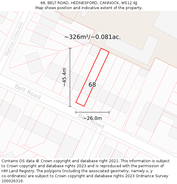 68, BELT ROAD, HEDNESFORD, CANNOCK, WS12 4JJ: Plot and title map