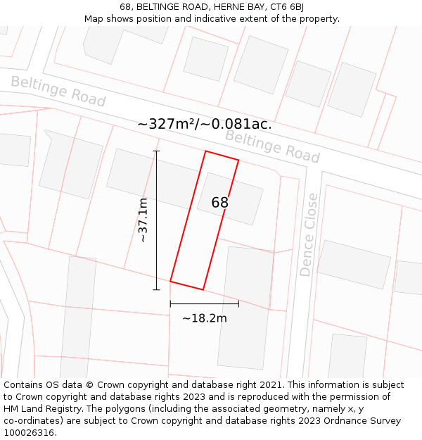 68, BELTINGE ROAD, HERNE BAY, CT6 6BJ: Plot and title map