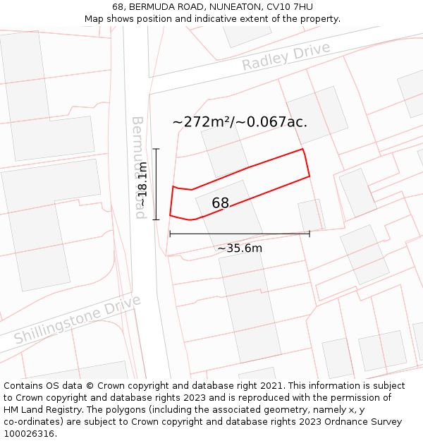 68, BERMUDA ROAD, NUNEATON, CV10 7HU: Plot and title map