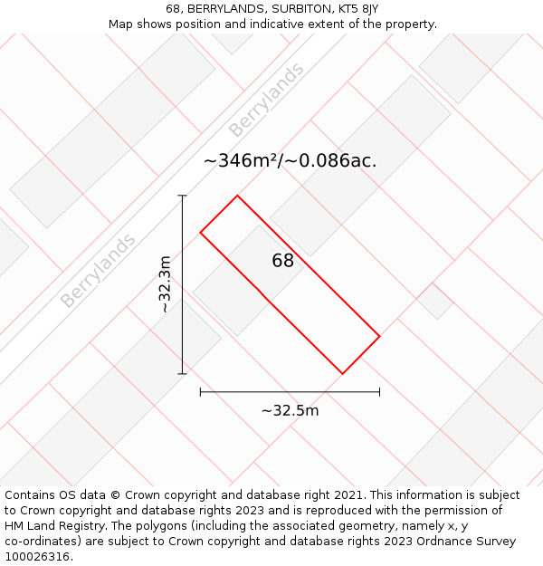 68, BERRYLANDS, SURBITON, KT5 8JY: Plot and title map