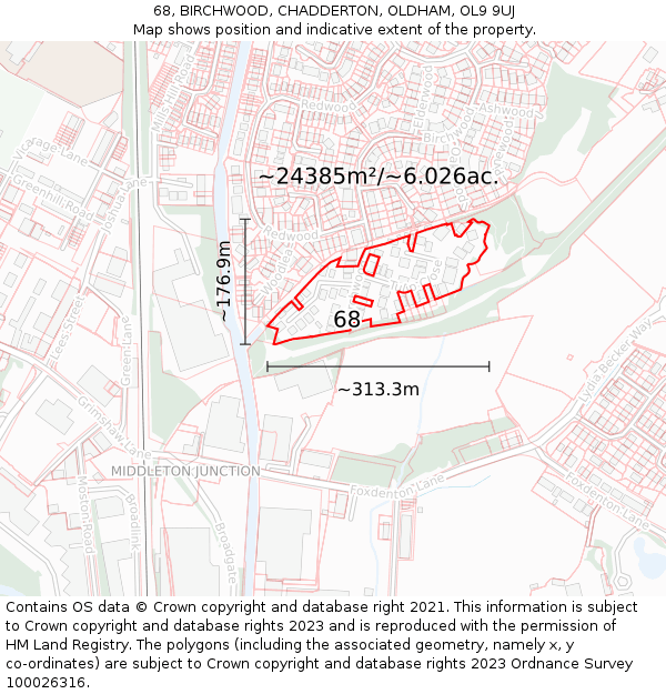 68, BIRCHWOOD, CHADDERTON, OLDHAM, OL9 9UJ: Plot and title map